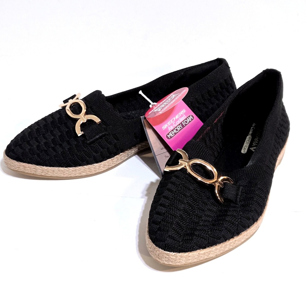 Skechers Cleo Woven Espadrille Flats Womens 7.5 Black Gold chain Slip On 158714